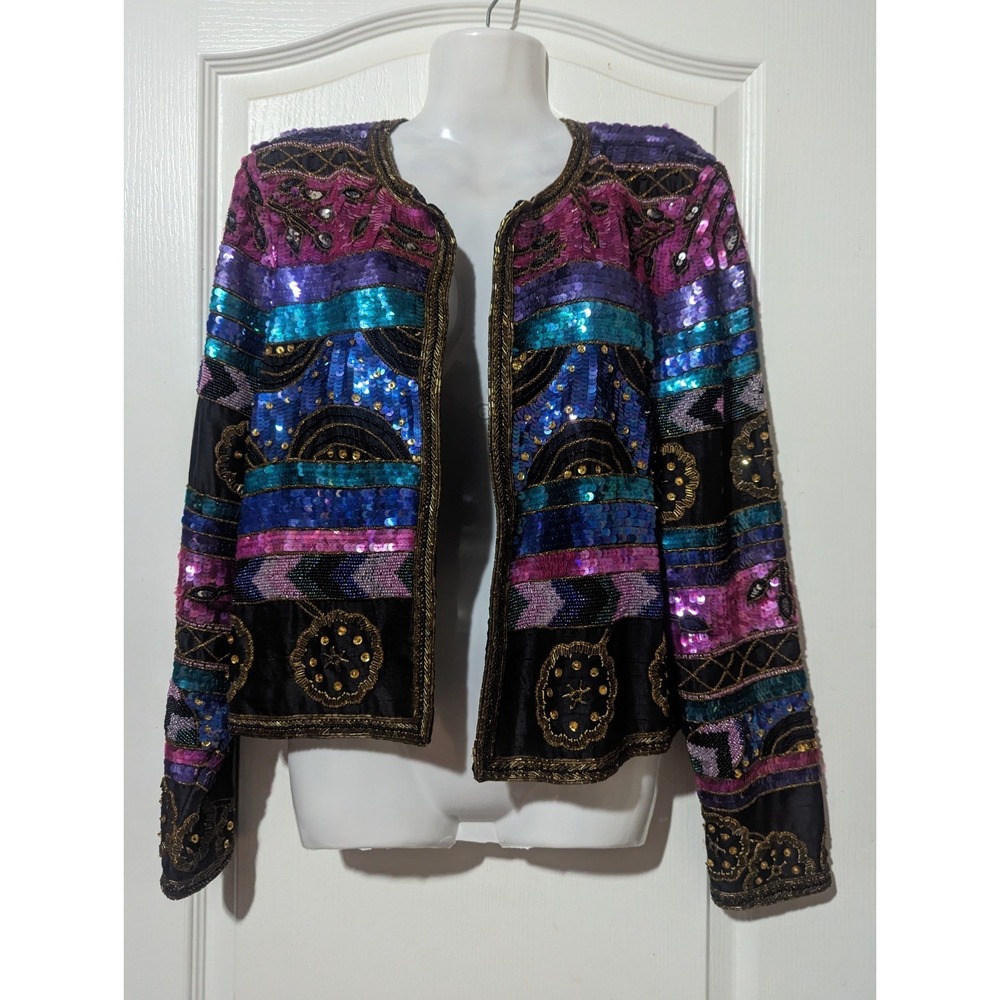 VINTAGE Leslie Fay Evenings  Jacket 100% Silk Beaded Sequined Small S 70's 80's
